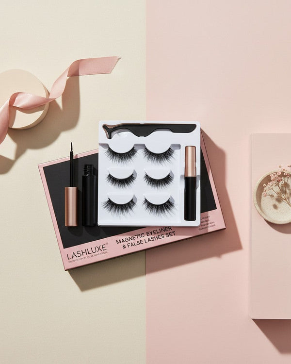 My Glam Room magnetic eyelash set featuring three pairs of lashes, magnetic liquid eyeliner, and applicator tweezers.