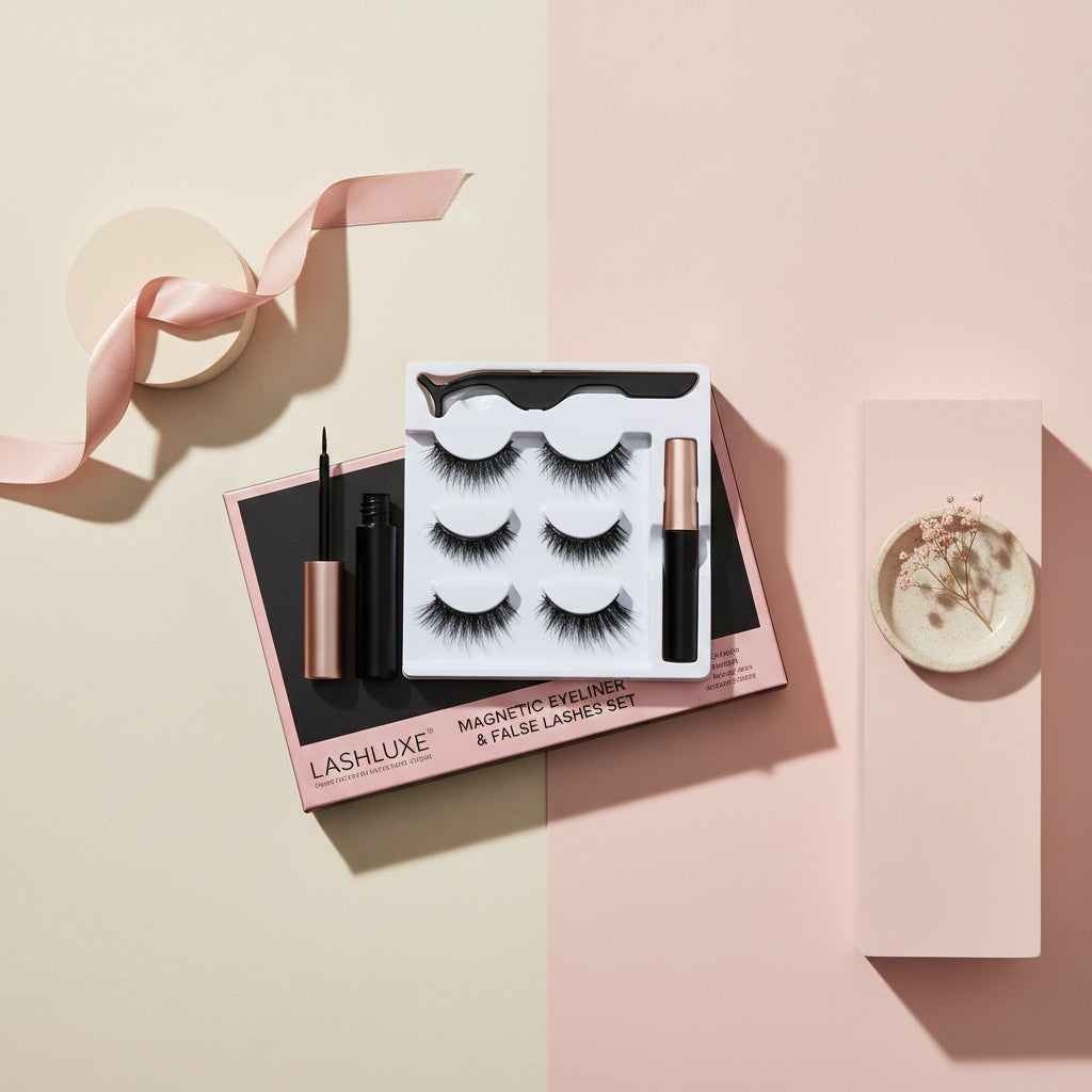 My Glam Room magnetic eyelash set featuring three pairs of lashes, magnetic liquid eyeliner, and applicator tweezers.