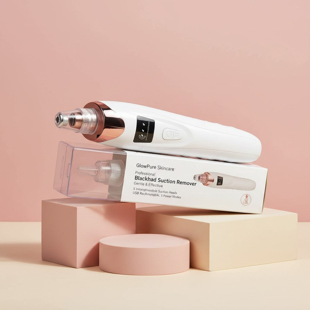 My Glam Room 5-in-1 electric blackhead remover vacuum with white and rose gold finish resting on its product box.