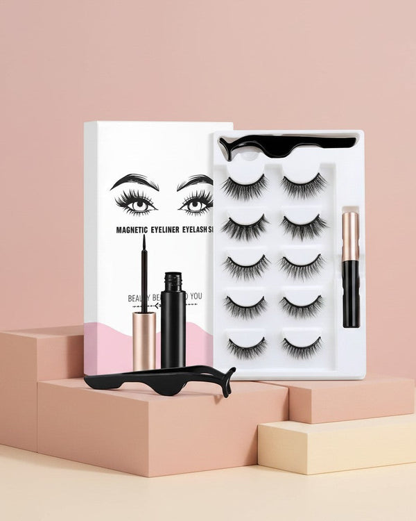 My Glam Room 5-pair 3D mink magnetic eyelash set with magnetic eyeliner and applicator tool in white packaging
