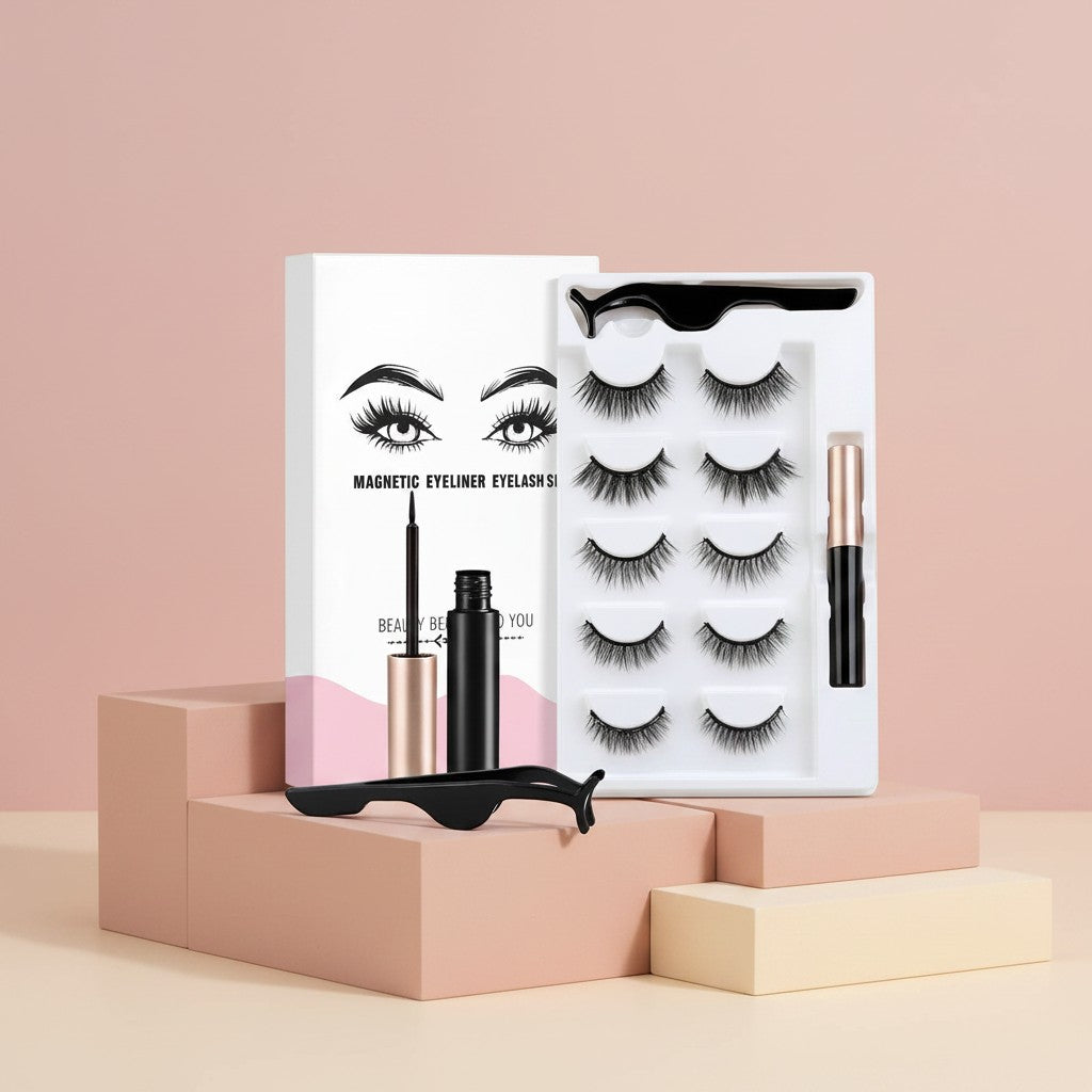 My Glam Room 5-pair 3D mink magnetic eyelash set with magnetic eyeliner and applicator tool in white packaging