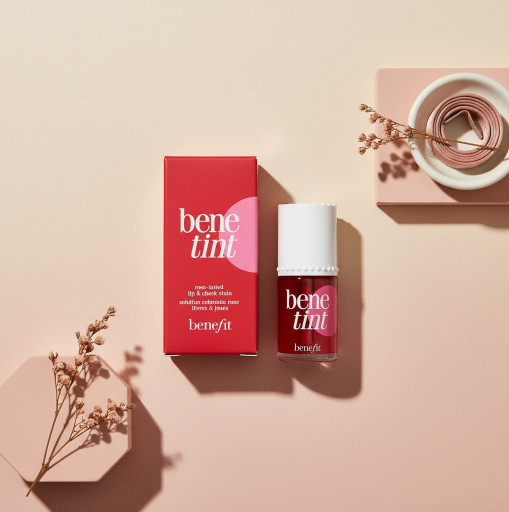 My Glam Room Benefit Bene Lip & Cheek Tint in a red bottle with matching box on a minimalist beige background.