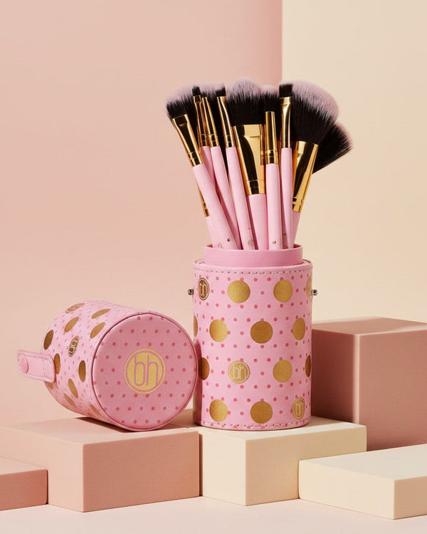 My Glam Room BH Cosmetics Dot Collection 11-piece pink makeup brush set with gold accents in a matching polka dot case