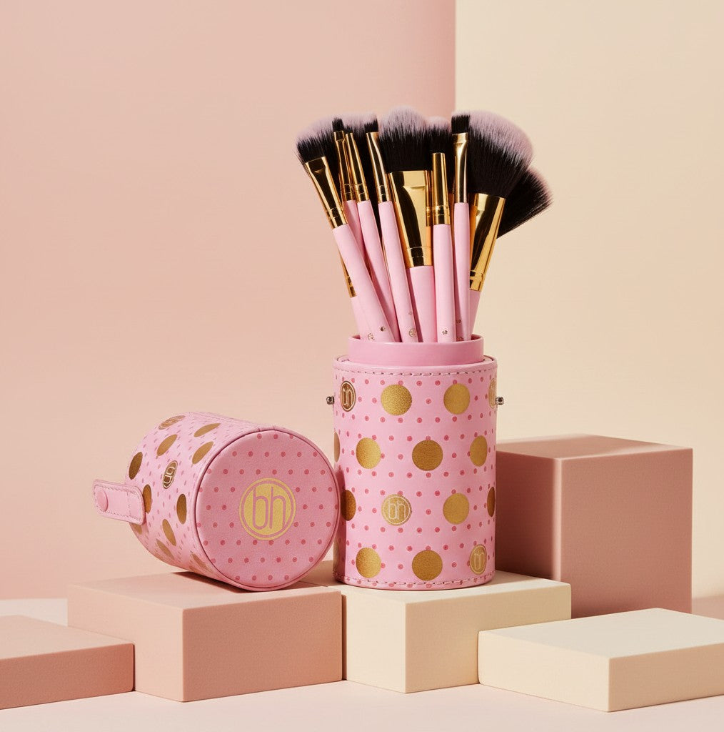 My Glam Room BH Cosmetics Dot Collection 11-piece pink makeup brush set with gold accents in a matching polka dot case