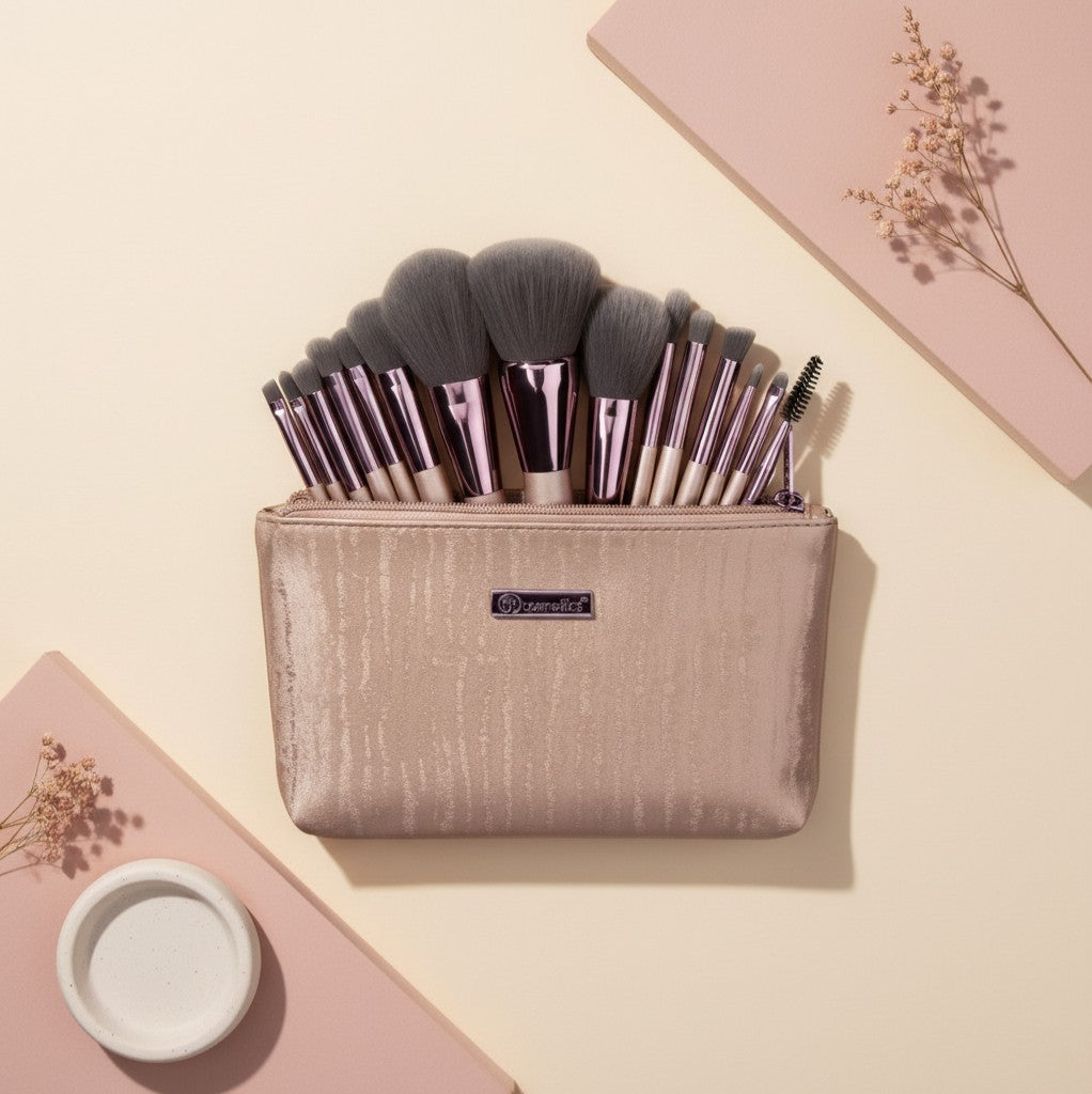 My Glam Room BH Cosmetics Lavish Elegance 15-piece makeup brush set in a rose gold metallic pouch on a beige background.