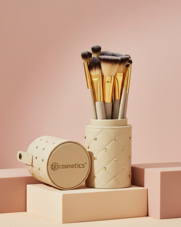 My Glam Room BH Cosmetics Studded Couture 12-piece makeup brush set in a beige quilted case with gold accents.