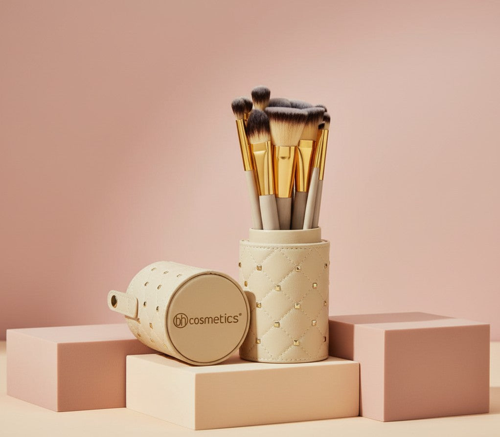 My Glam Room BH Cosmetics Studded Couture 12-piece makeup brush set in a beige quilted case with gold accents.