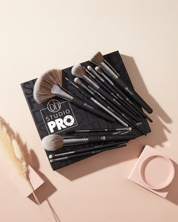 My Glam Room BH Cosmetics Studio Pro 13 piece makeup brush set with black handles on a branded display box