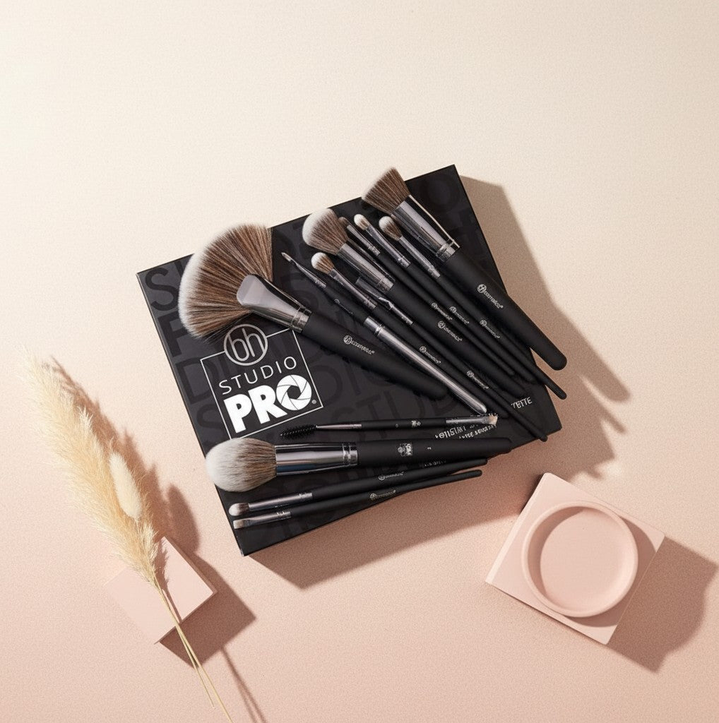 My Glam Room BH Cosmetics Studio Pro 13 piece makeup brush set with black handles on a branded display box