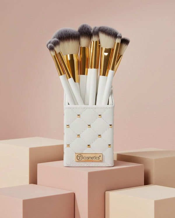My Glam Room BH Cosmetics 12-piece makeup brush set in a white studded holder with gold accents on a pastel background