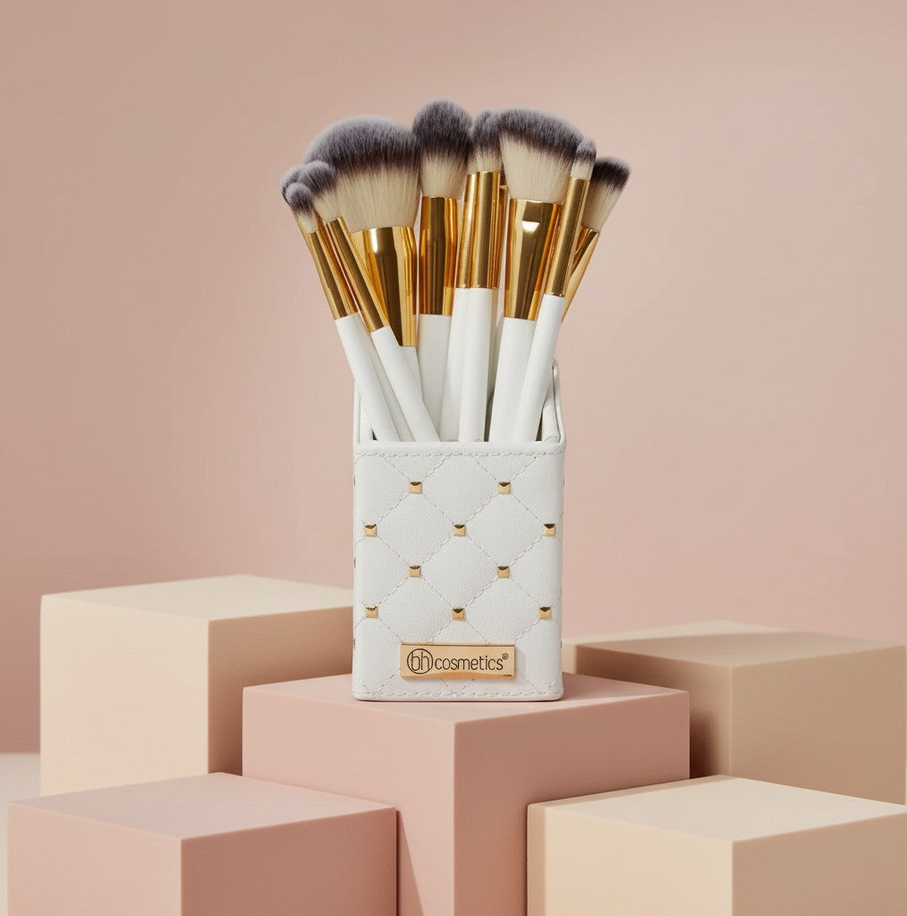 My Glam Room BH Cosmetics 12-piece makeup brush set in a white studded holder with gold accents on a pastel background
