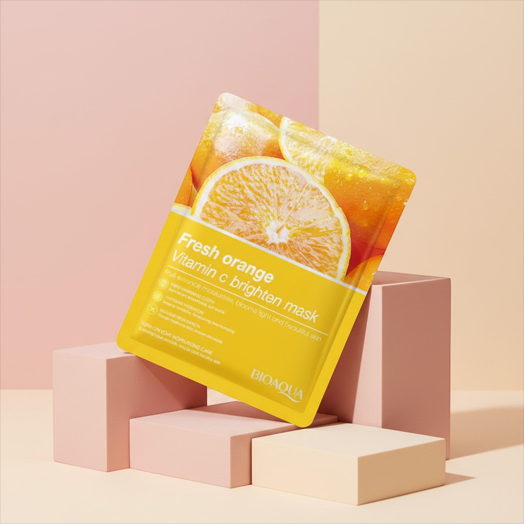 My Glam Room Bio Aqua Fresh Orange Vitamin C brightening face sheet mask on a minimalist geometric display stand.