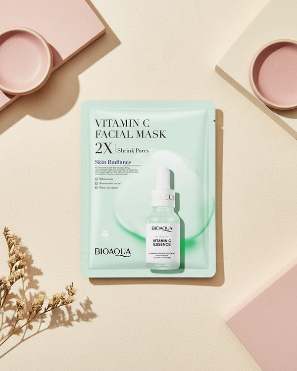 My Glam Room Bio Aqua Vitamin C facial sheet mask for pore shrinking and skin radiance in light green packaging