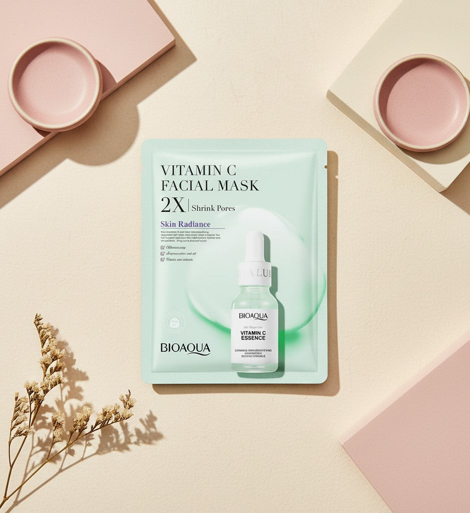 My Glam Room Bio Aqua Vitamin C facial sheet mask for pore shrinking and skin radiance in light green packaging