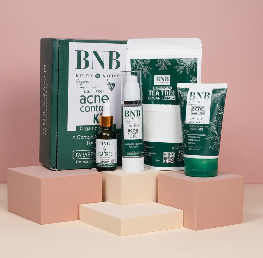 My Glam Room BNB Tea Tree Acne Control Kit featuring a face wash, serum, gel, and mask in green and white packaging.
