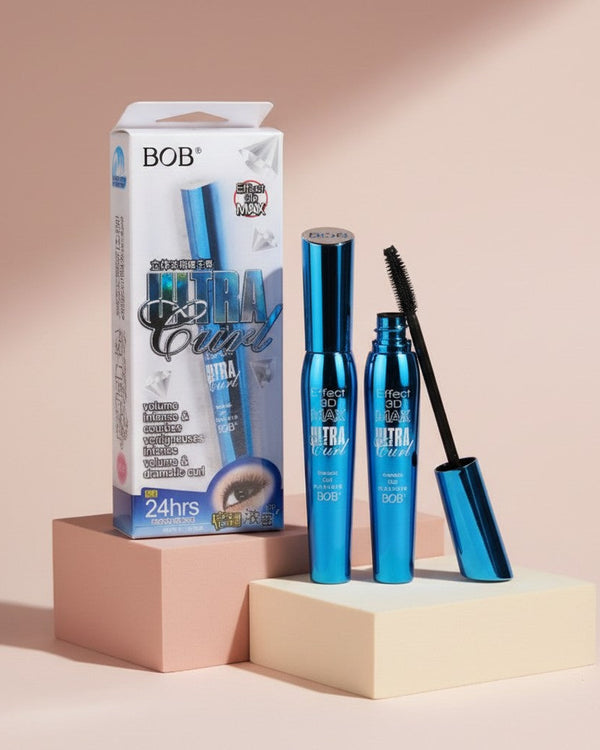 My Glam Room BOB Ultra Curl Mascara in a metallic blue tube with a 3D volume brush and matching product packaging