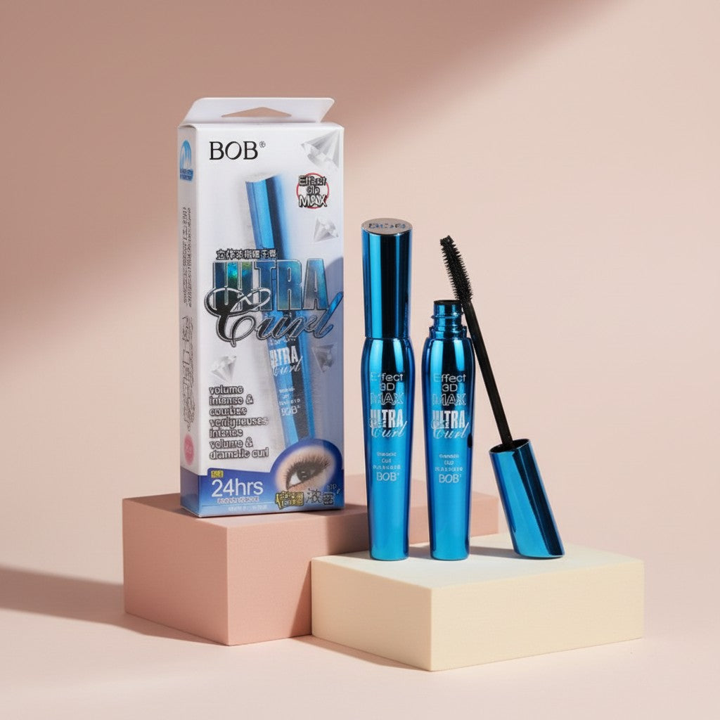 My Glam Room BOB Ultra Curl Mascara in a metallic blue tube with a 3D volume brush and matching product packaging