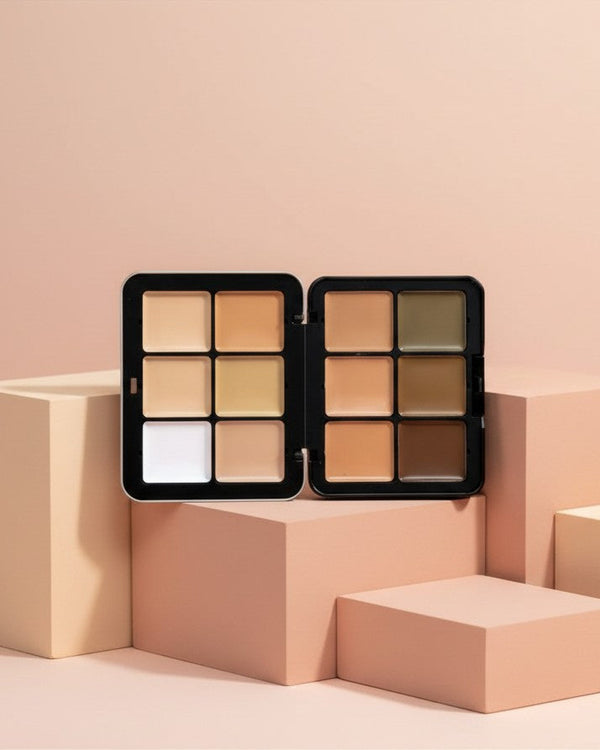 My Glam Room Carla Secret cream concealer and contour palette featuring twelve diverse shades on geometric blocks.