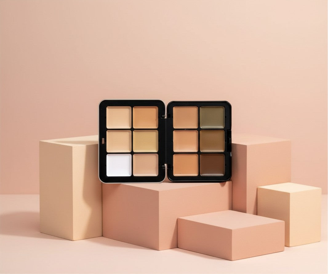 My Glam Room Carla Secret cream concealer and contour palette featuring twelve diverse shades on geometric blocks.
