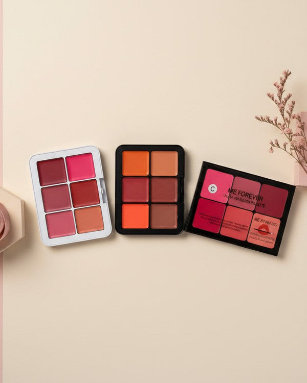 My Glam Room Carla Secret cream lipstick and blush palette set featuring three multi-shade makeup compacts