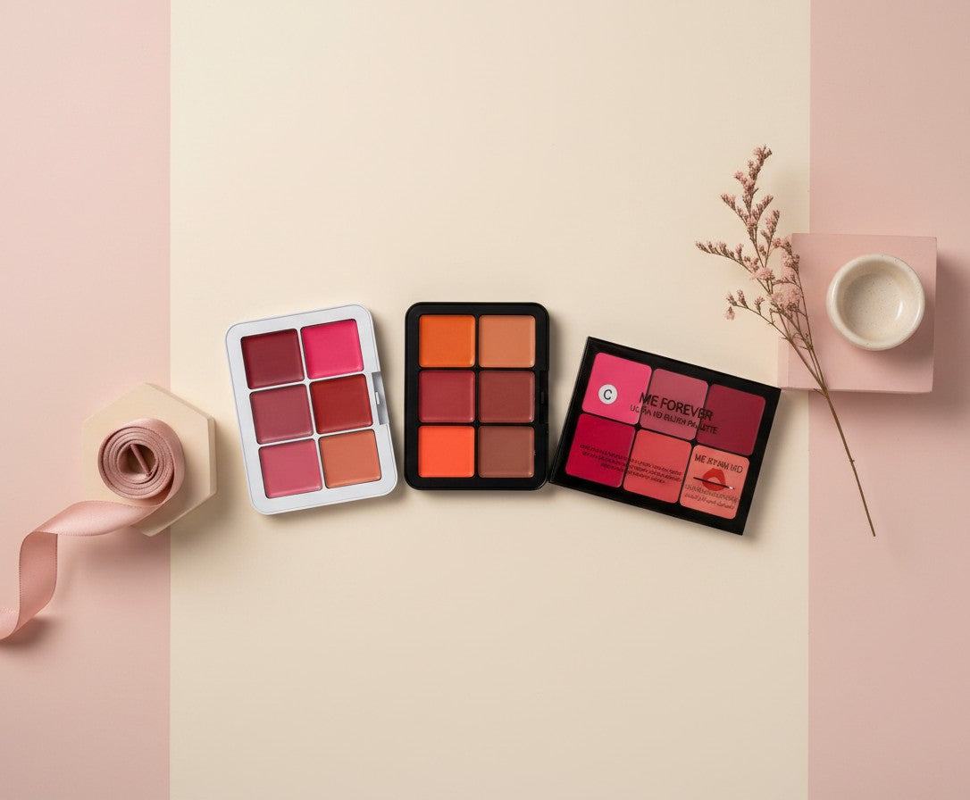 My Glam Room Carla Secret cream lipstick and blush palette set featuring three multi-shade makeup compacts