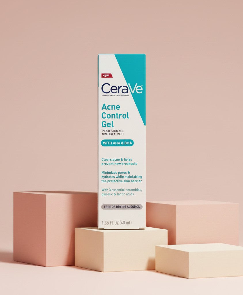 My Glam Room CeraVe Acne Control Gel 40ml with salicylic acid, AHA, and BHA on a minimalist display stand