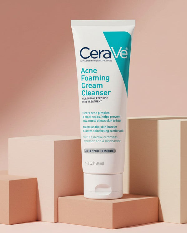 My Glam Room CeraVe Acne Foaming Cream Cleanser 150ml tube on geometric platforms for acne-prone skin treatment