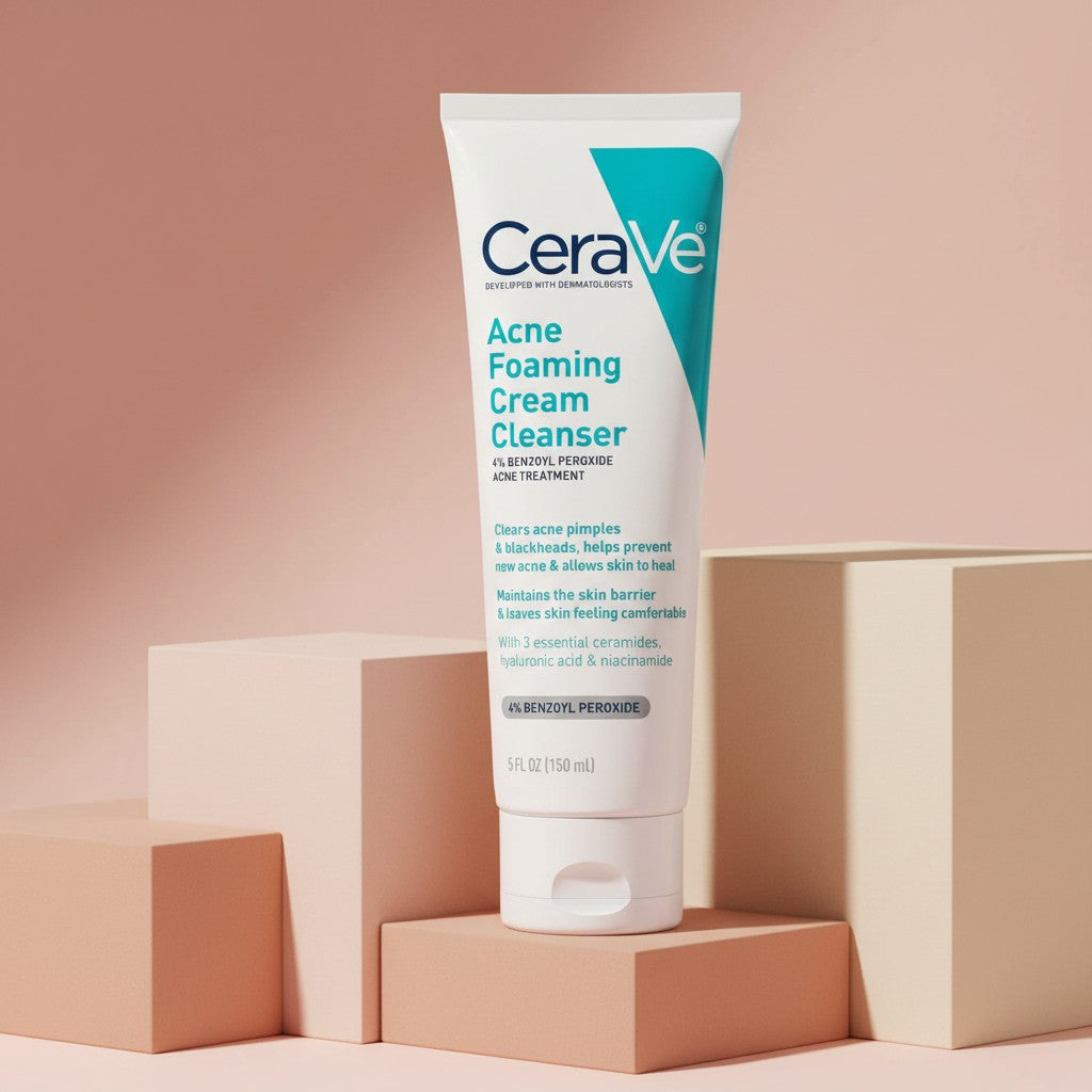 My Glam Room CeraVe Acne Foaming Cream Cleanser 150ml tube on geometric platforms for acne-prone skin treatment