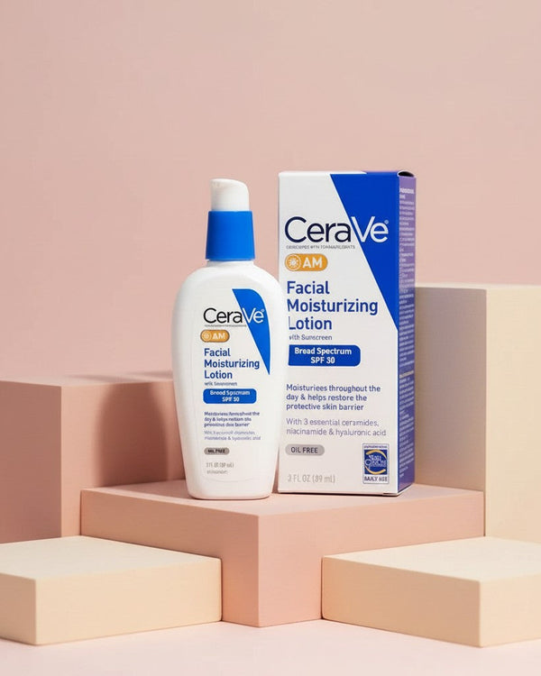 My Glam Room CeraVe AM facial moisturizing lotion with SPF 30 in a pump bottle and box on geometric pedestals