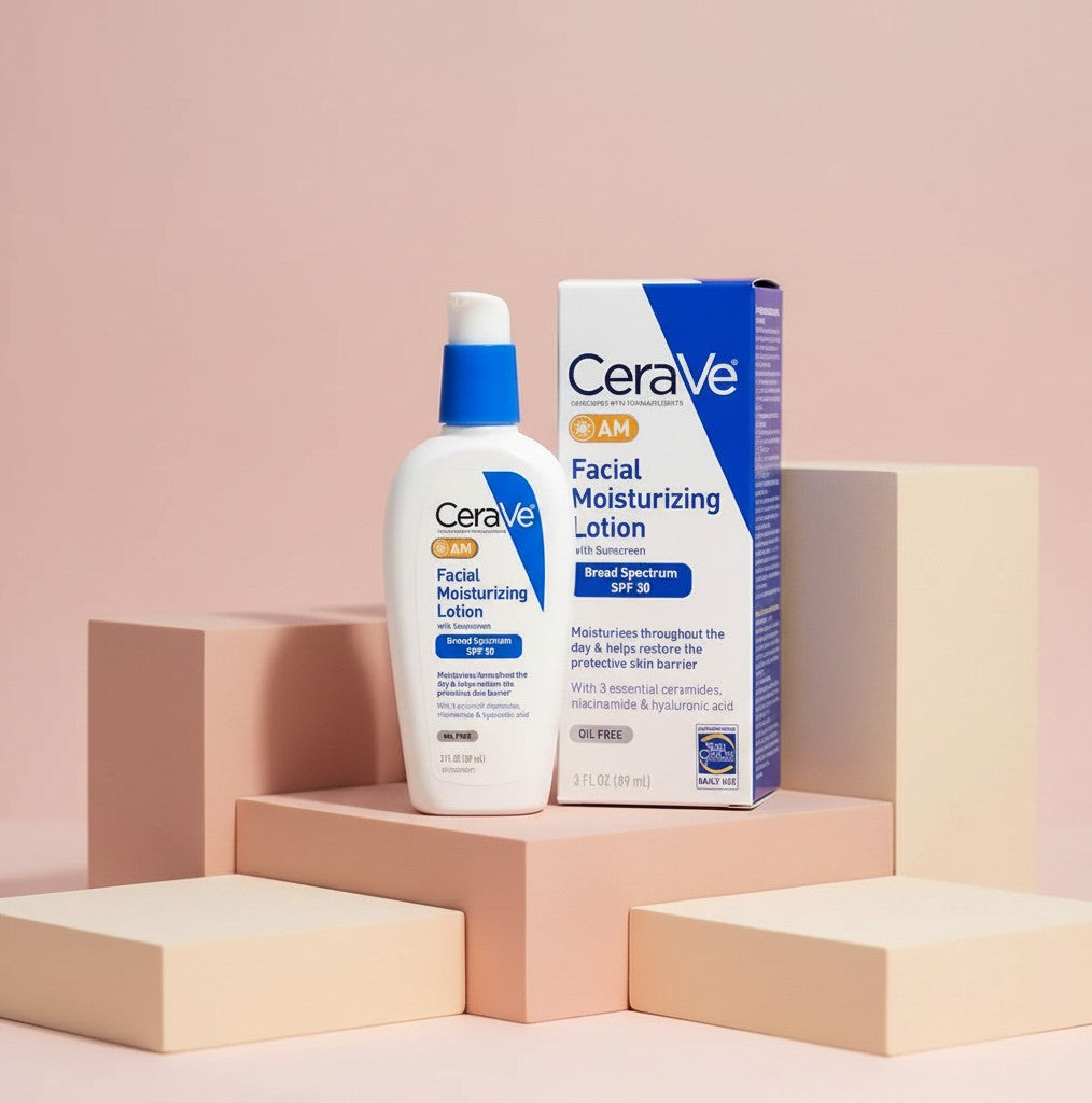 My Glam Room CeraVe AM facial moisturizing lotion with SPF 30 in a pump bottle and box on geometric pedestals