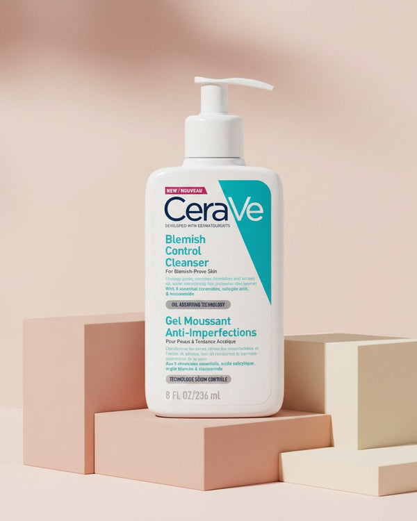My Glam Room Cerave Blemish Control Cleanser 236ml bottle for blemish-prone skin on a minimalist pedestal display.