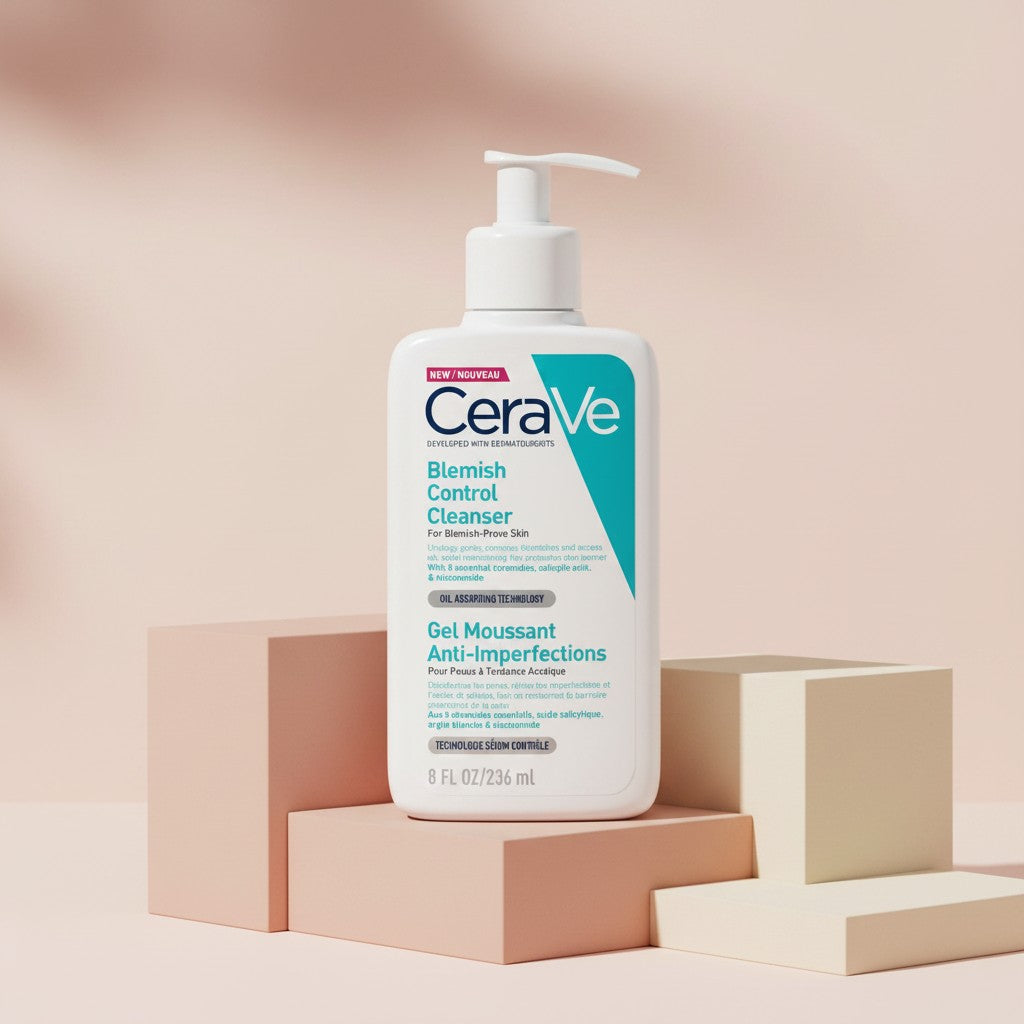 My Glam Room Cerave Blemish Control Cleanser 236ml bottle for blemish-prone skin on a minimalist pedestal display.