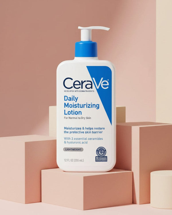 My Glam Room Cerave Daily Moisturizing Lotion 237ml bottle with blue pump on geometric beige display blocks