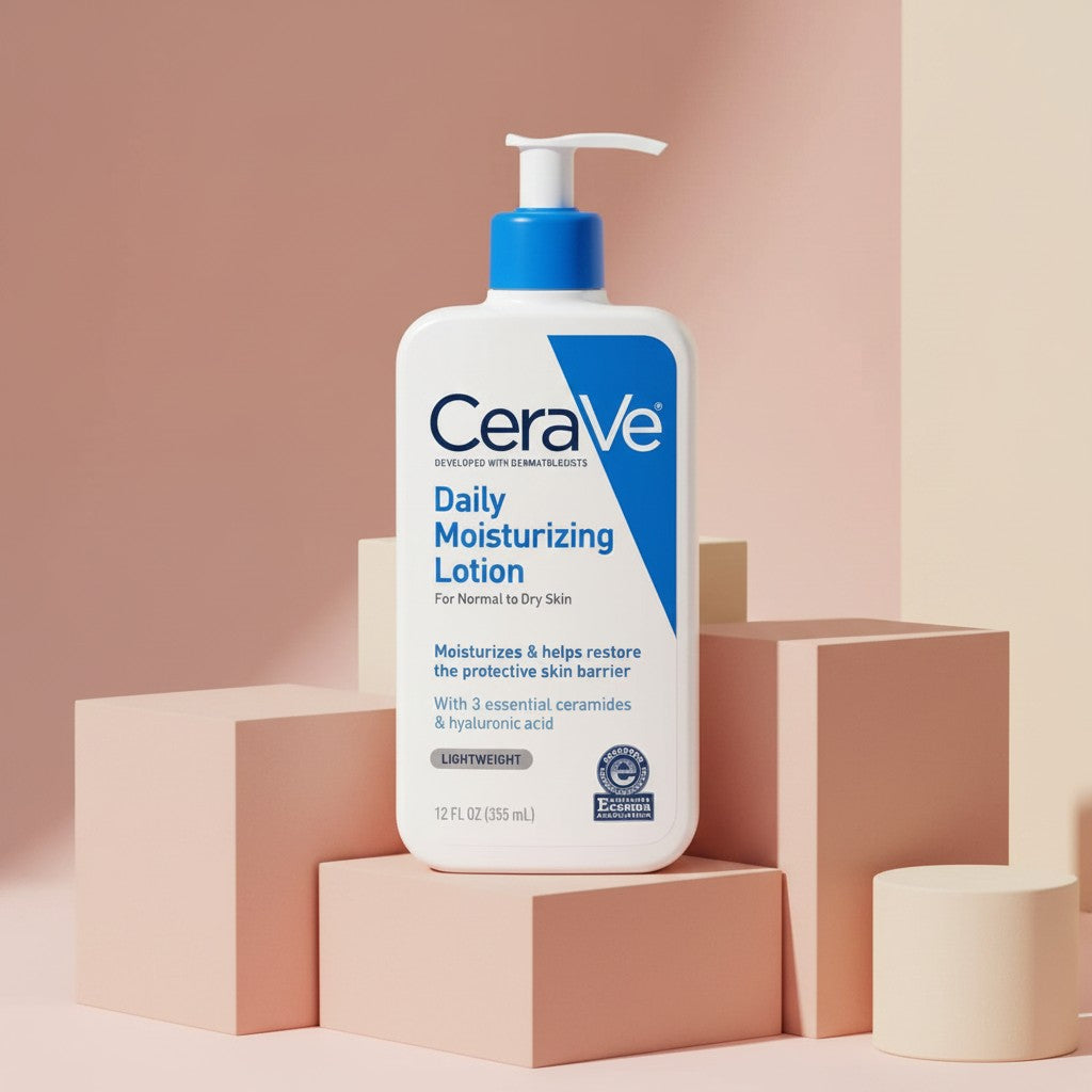 My Glam Room Cerave Daily Moisturizing Lotion 237ml bottle with blue pump on geometric beige display blocks
