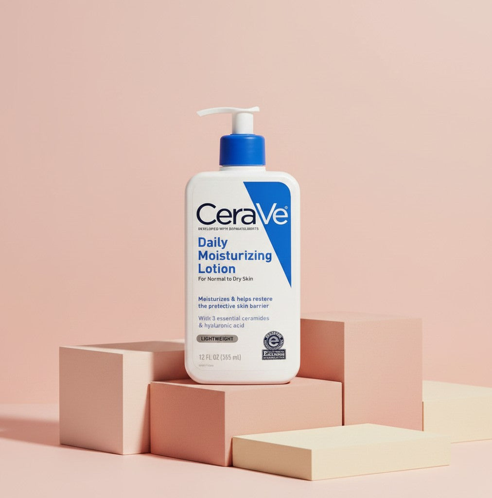 My Glam Room CeraVe Daily Moisturizing Lotion 355ml bottle for normal to dry skin on a minimalist pedestal display