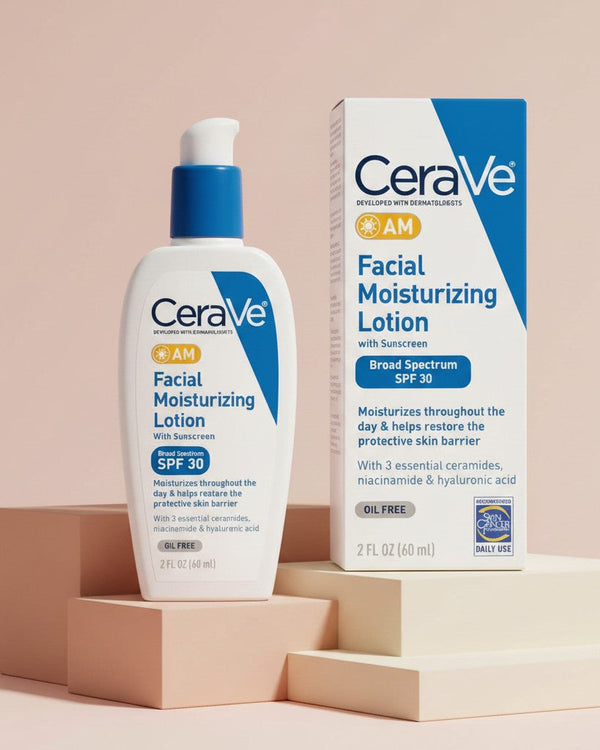 My Glam Room CeraVe AM Facial Moisturizing Lotion with SPF 30 in a white pump bottle and matching product box.