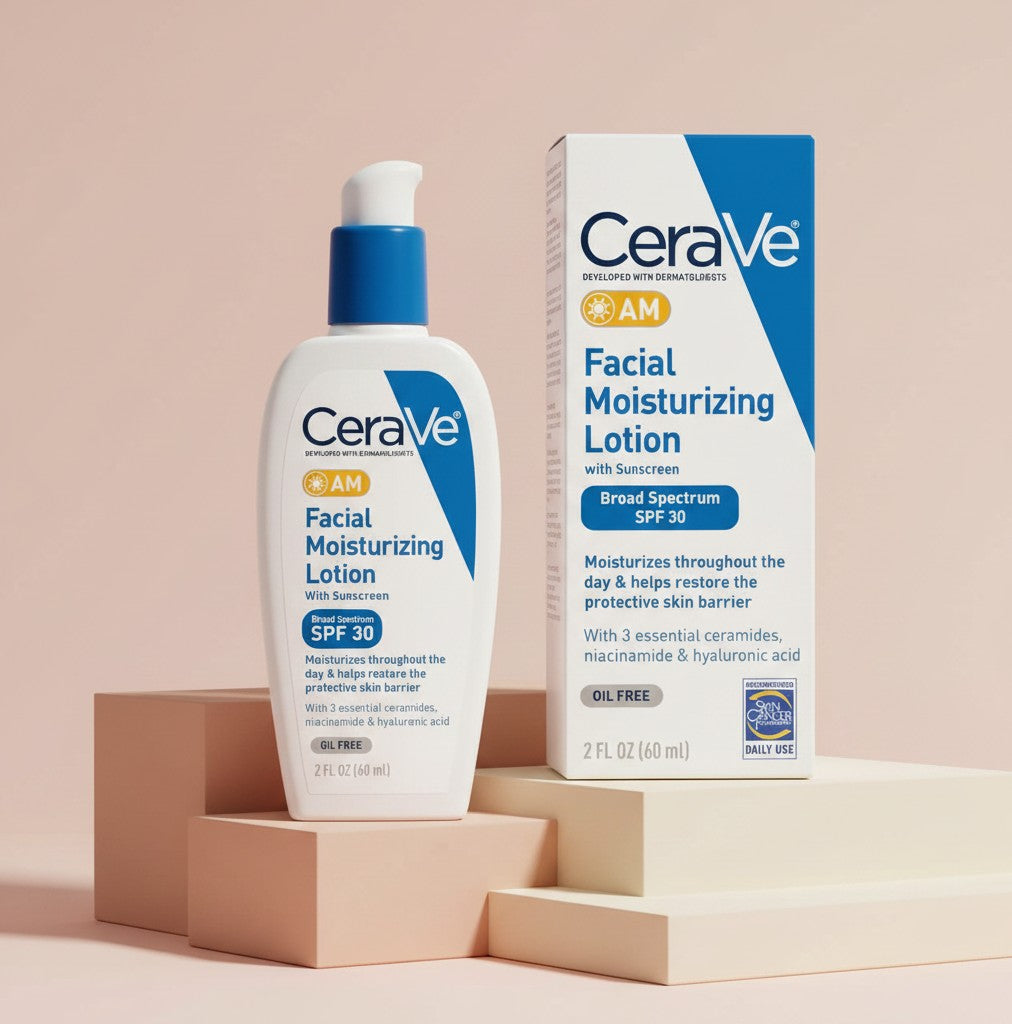 My Glam Room CeraVe AM Facial Moisturizing Lotion with SPF 30 in a white pump bottle and matching product box.