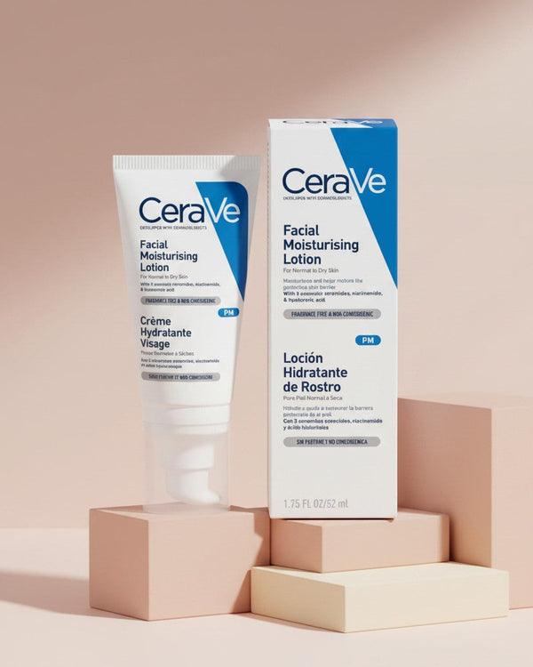 My Glam Room CeraVe PM Facial Moisturizing Lotion tube and box for normal to dry skin on a beige pedestal