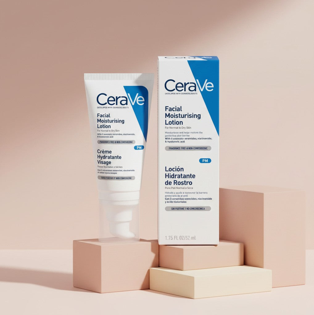 My Glam Room CeraVe PM Facial Moisturizing Lotion tube and box for normal to dry skin on a beige pedestal