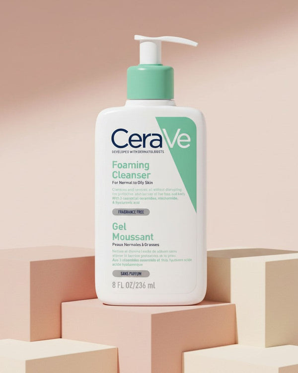 My Glam Room Cerave Foaming Cleanser bottle with a pump dispenser on a minimalist geometric display stand.