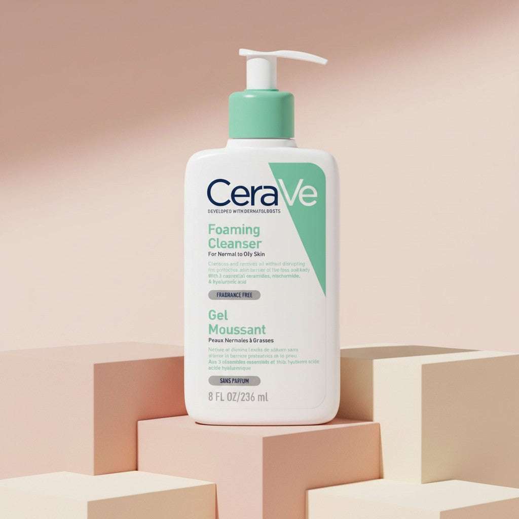 My Glam Room Cerave Foaming Cleanser bottle with a pump dispenser on a minimalist geometric display stand.