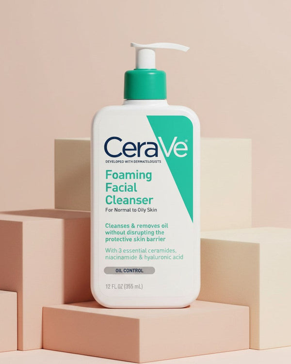 My Glam Room CeraVe Foaming Facial Cleanser for normal to oily skin in a 355ml pump bottle on geometric blocks