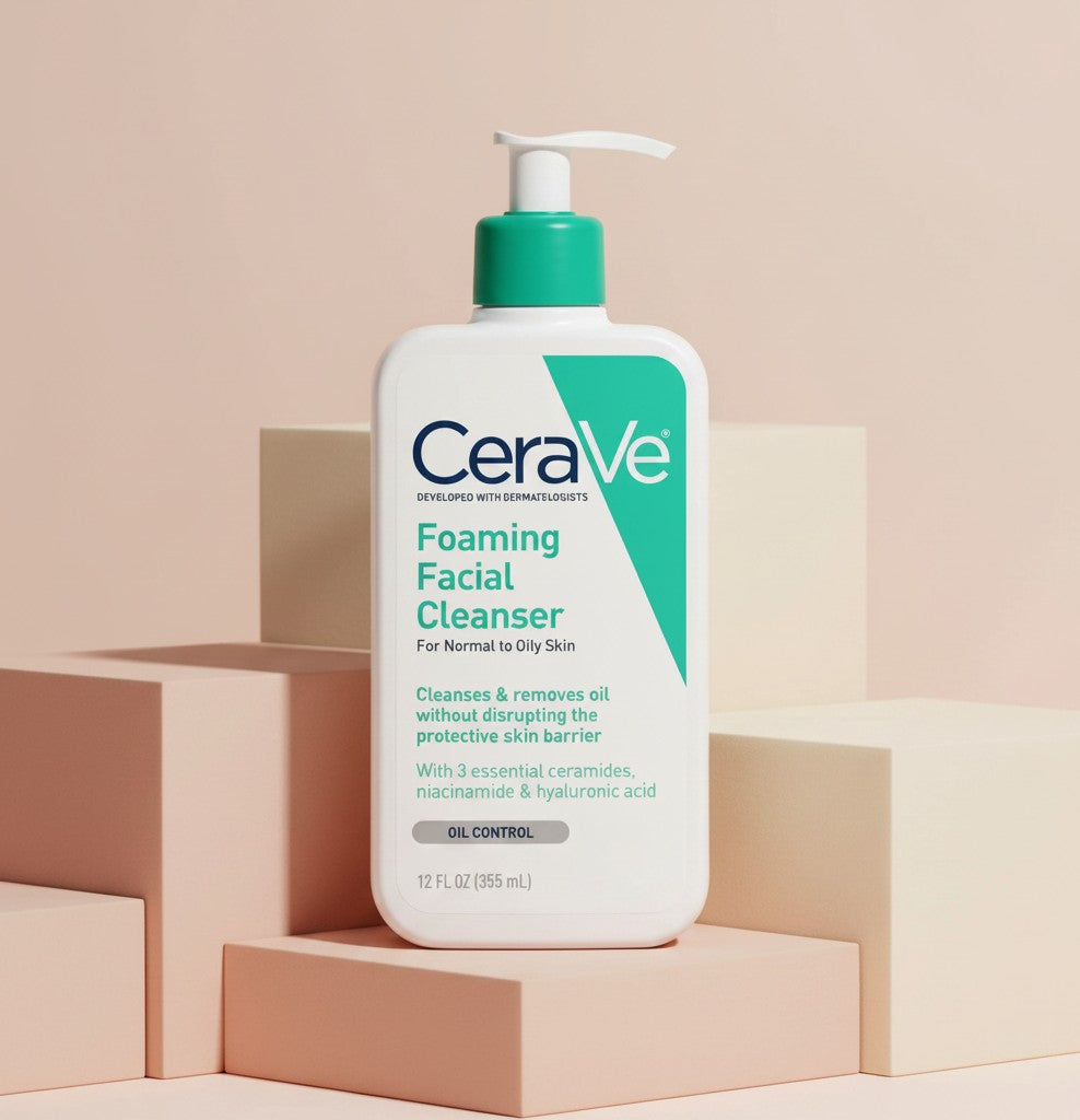 My Glam Room CeraVe Foaming Facial Cleanser for normal to oily skin in a 355ml pump bottle on geometric blocks
