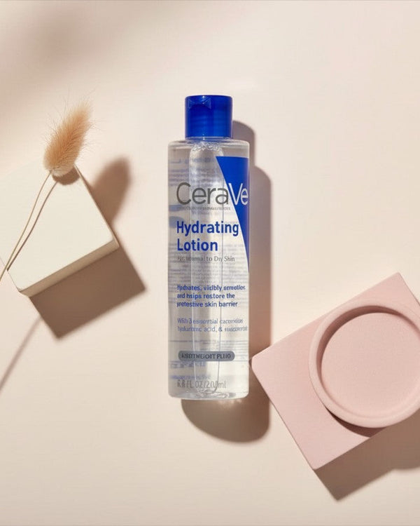 My Glam Room Cerave Hydrating Lotion 200ml bottle on a minimalist beige background with decorative props.