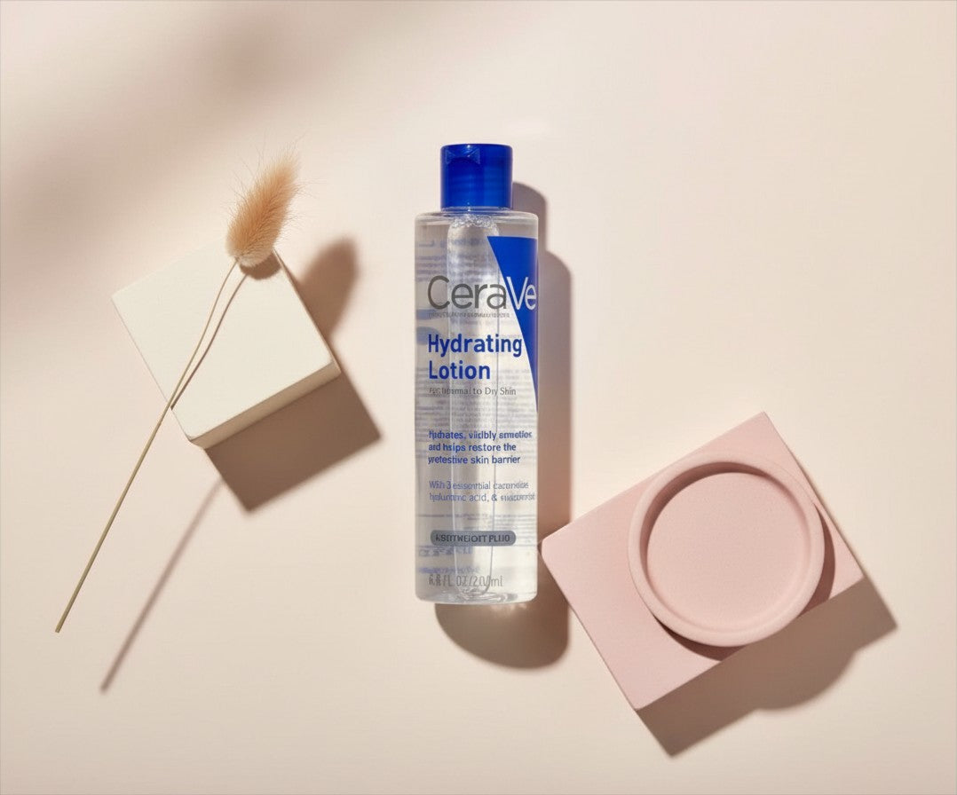 My Glam Room Cerave Hydrating Lotion 200ml bottle on a minimalist beige background with decorative props.