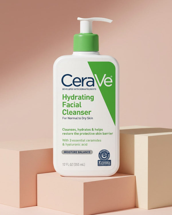 My Glam Room CeraVe Hydrating Facial Cleanser 355ml bottle with pump dispenser on a minimalist geometric display.