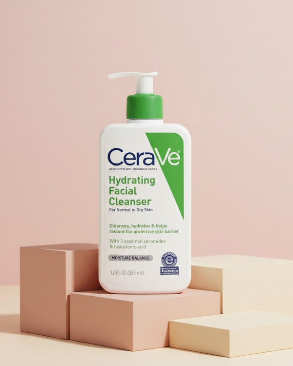 My Glam Room CeraVe Hydrating Facial Cleanser for normal to dry skin in a 355ml pump bottle on geometric pedestals.
