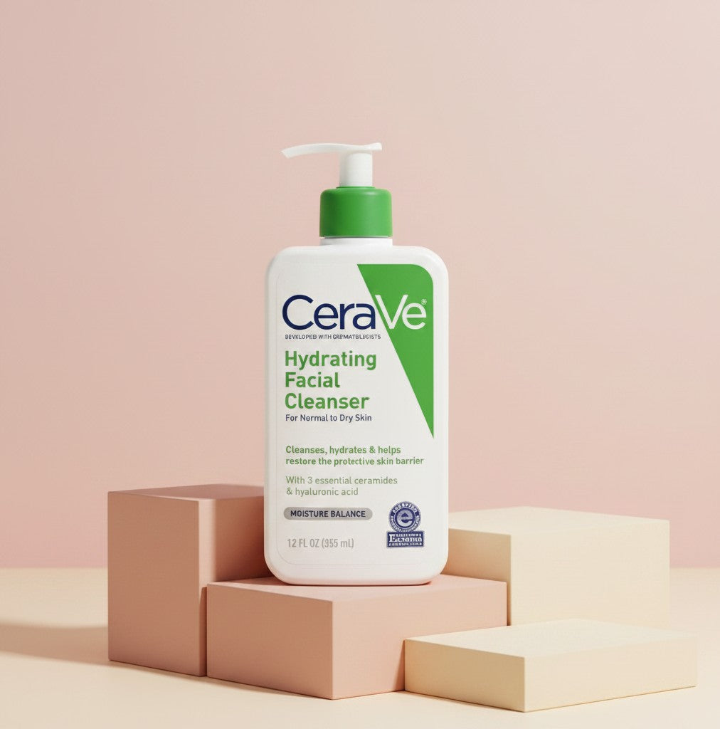 My Glam Room CeraVe Hydrating Facial Cleanser for normal to dry skin in a 355ml pump bottle on geometric pedestals.