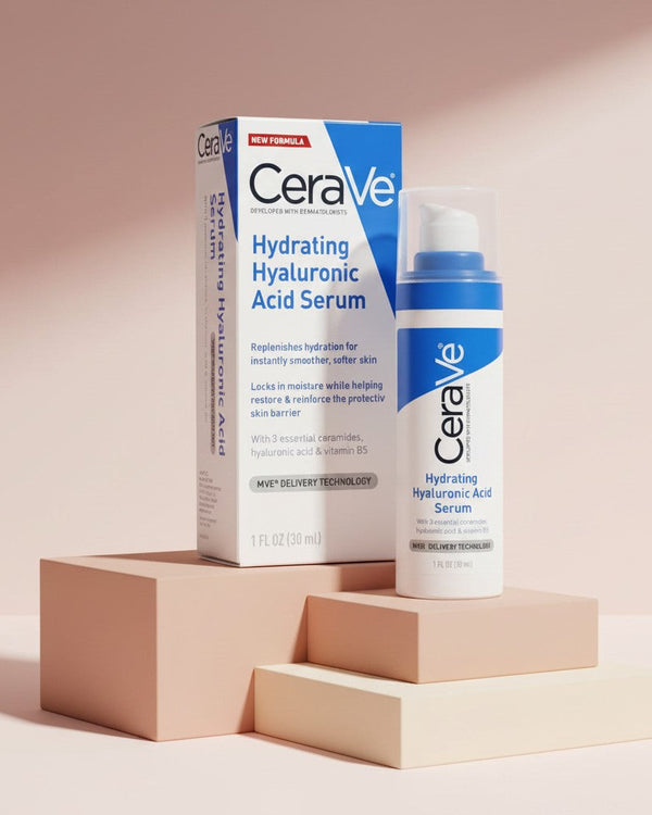 My Glam Room CeraVe Hydrating Hyaluronic Acid Serum bottle and box on beige display blocks against a soft pink background