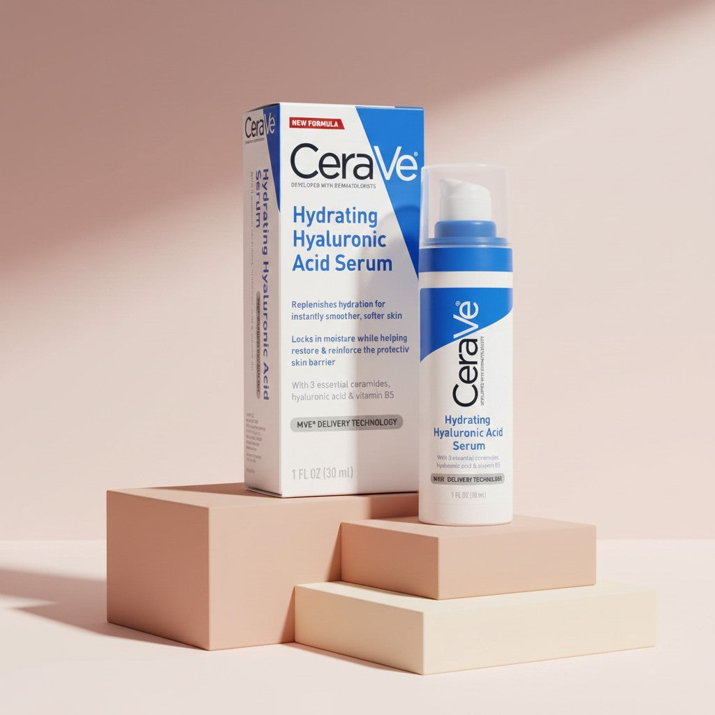 My Glam Room CeraVe Hydrating Hyaluronic Acid Serum bottle and box on beige display blocks against a soft pink background